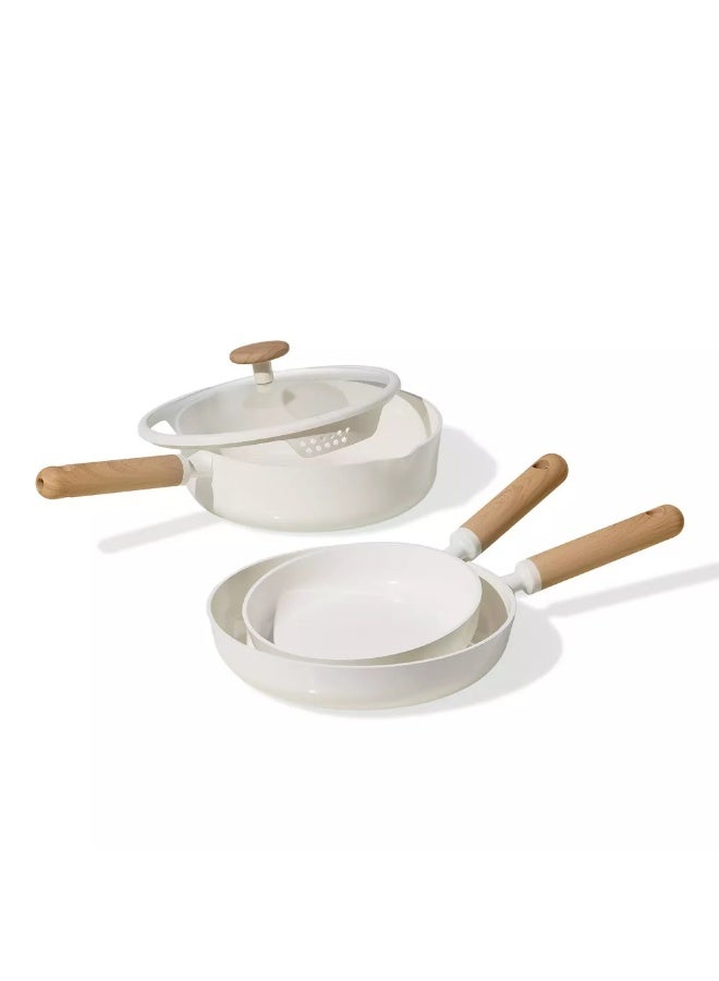 كاروت طقم أواني كاروت 21 قطعة سيراميك غير لاصق لطهي صحي خالٍ من PFAS، بأغطية سيليكون بمصفاة مزدوجة وقاعدة توزيع حرارة متساوٍ، متوافق مع جميع المواقد وآمن لغسالة الصحون (كريمي) - Image 4